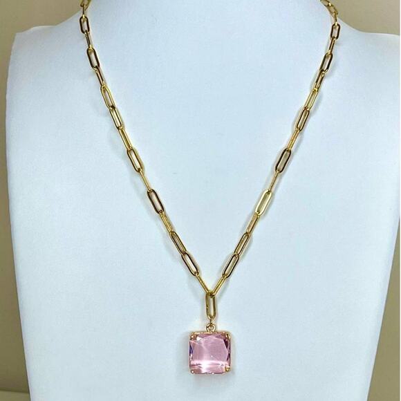 NEW Paperclip Chain Necklace 16" 18" 20" Pink Faceted Chunk Pendant Trendy U09 - Picture 4 of 6